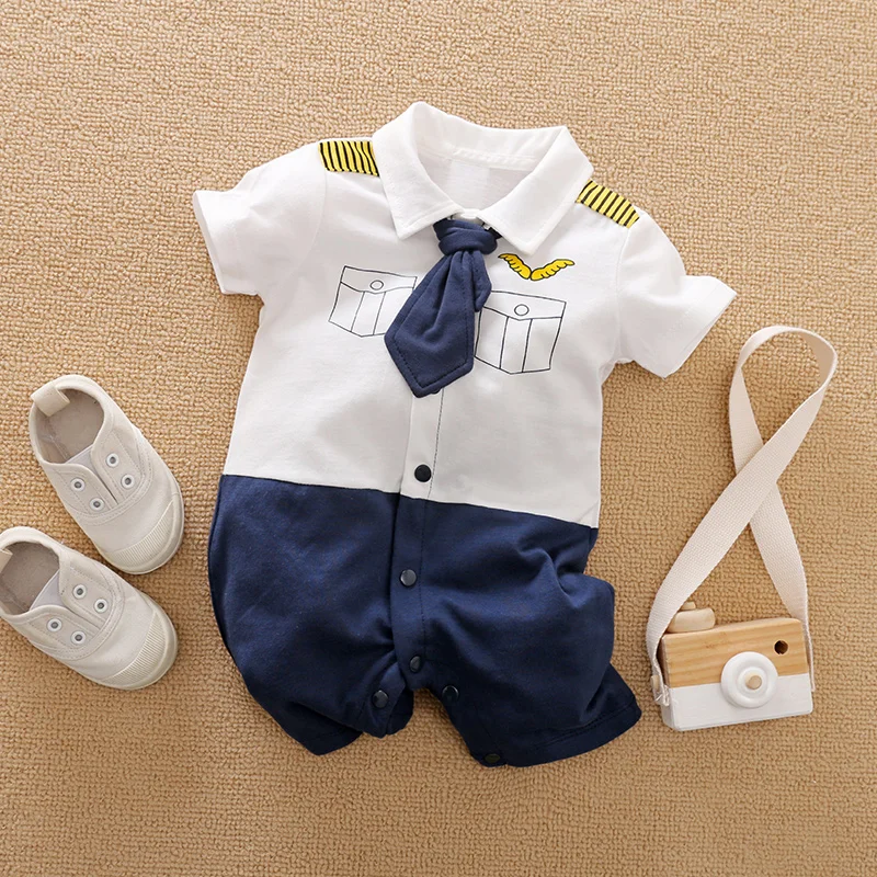 Baby Boy Hipster Trendy 0-18 months 100% Cotton Short Sleeve Gentleman Tie Suits Outfit Handsome Jumpsuit Onesie Newborn Toddler