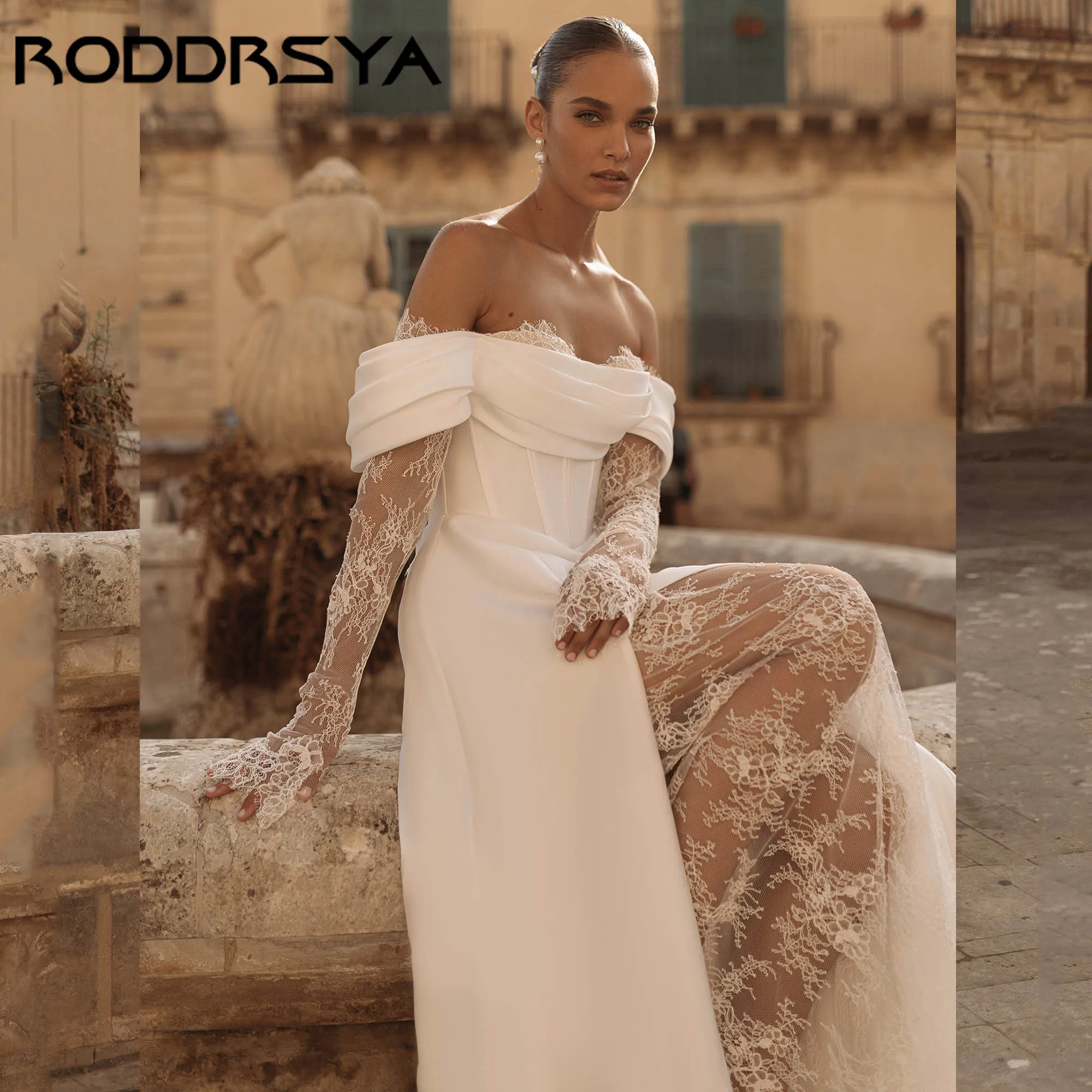 RODDRSYA Satin Lace Minimalism Wedding Dress Off Shoulder A-line Slit Bridal Gowns Backless Corset vestidos de novia Customized
