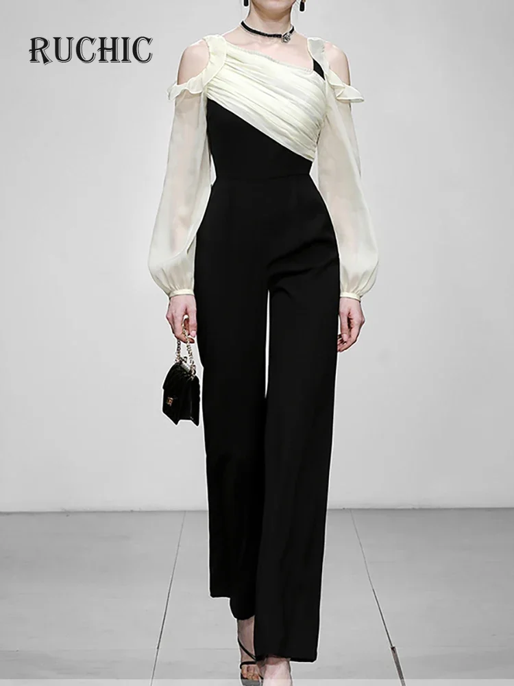 

Лето 2024, женские модные вечерние комбинезоны в стиле пэчворк, контрастного цвета, элегантные женские комбинезоны с длинными рукавами, Новое поступление