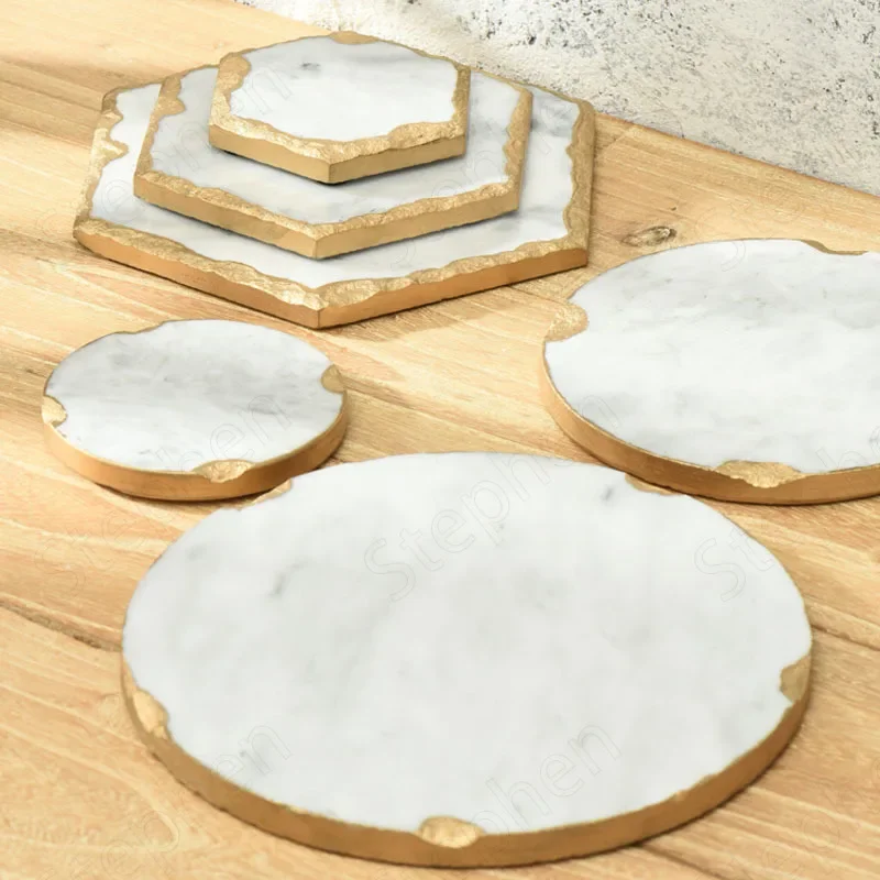 Nordic Modern Natural Marble Golden Stroke Trays Jewelry Cosmetic Storage Tray Wedding Cake Dessert Plate Desktop