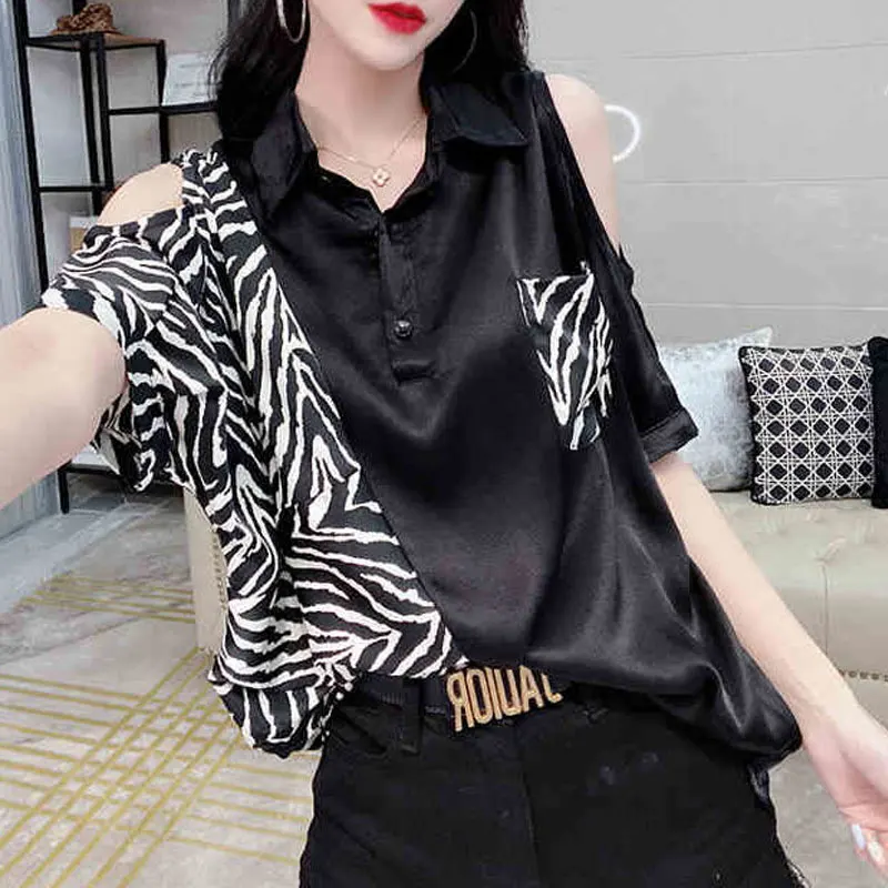 Dames elegant off-shoulder zomer nieuwe turn-down kraag blouse casual luipaard patchwork shirt streetwear stijlvolle zakken knop