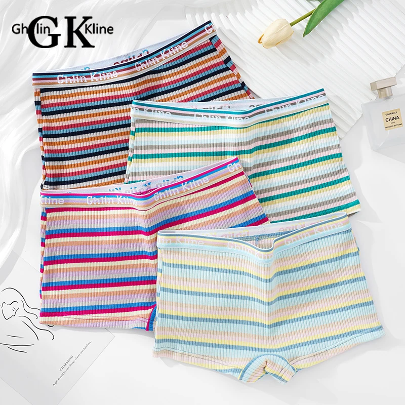 GK Brand Young Fashion Women Panties Colorful Striped Super Elastic Flinsy Antibacterial Boyshorts Boxers Ladies Shorts