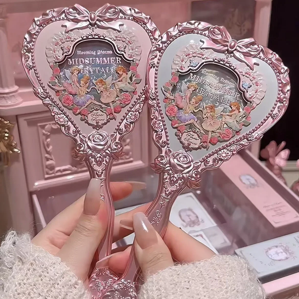 Flower Knows Midsummer Fairytales Collection Hand Mirror Mint Green Exquisite Makeup Milky Pink Mirror