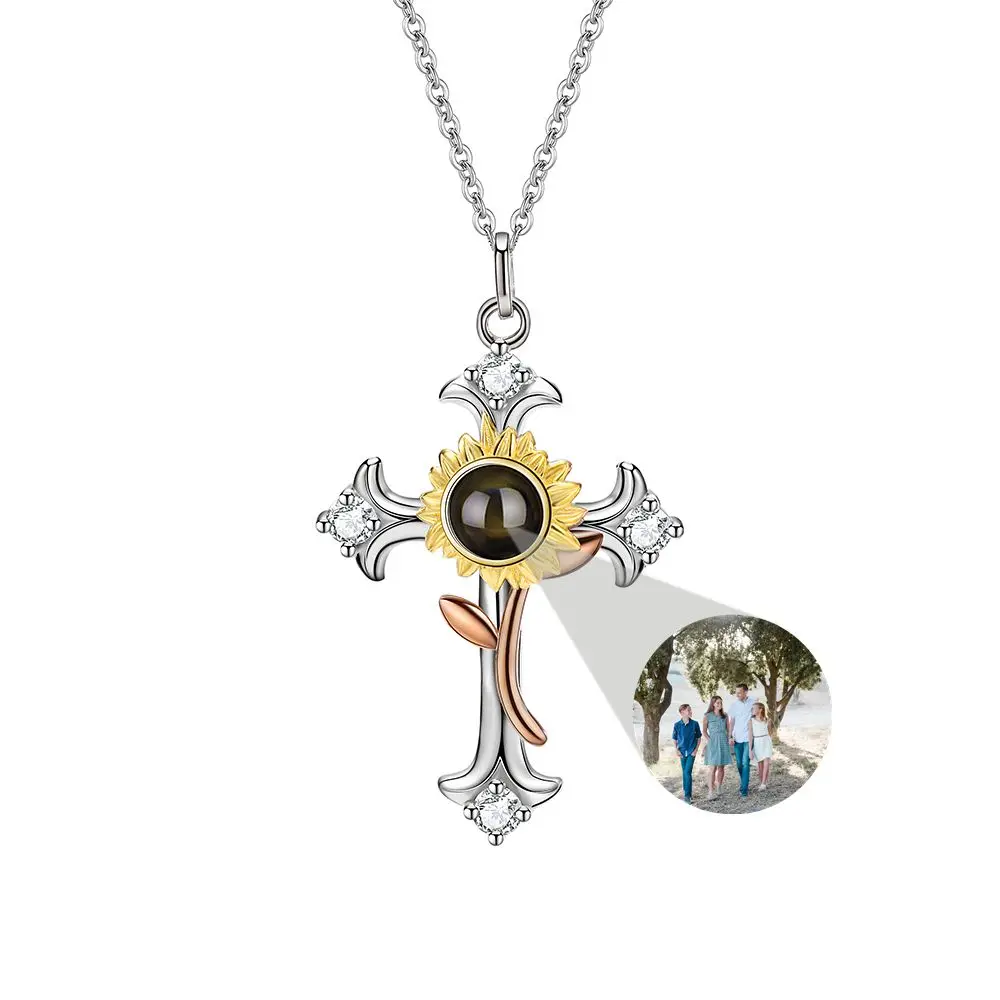 Personalized Customized Photo Cross Sun Flower Heart Pendant Projection Photo Necklace for Women Girls Charm Birthday Jewelry