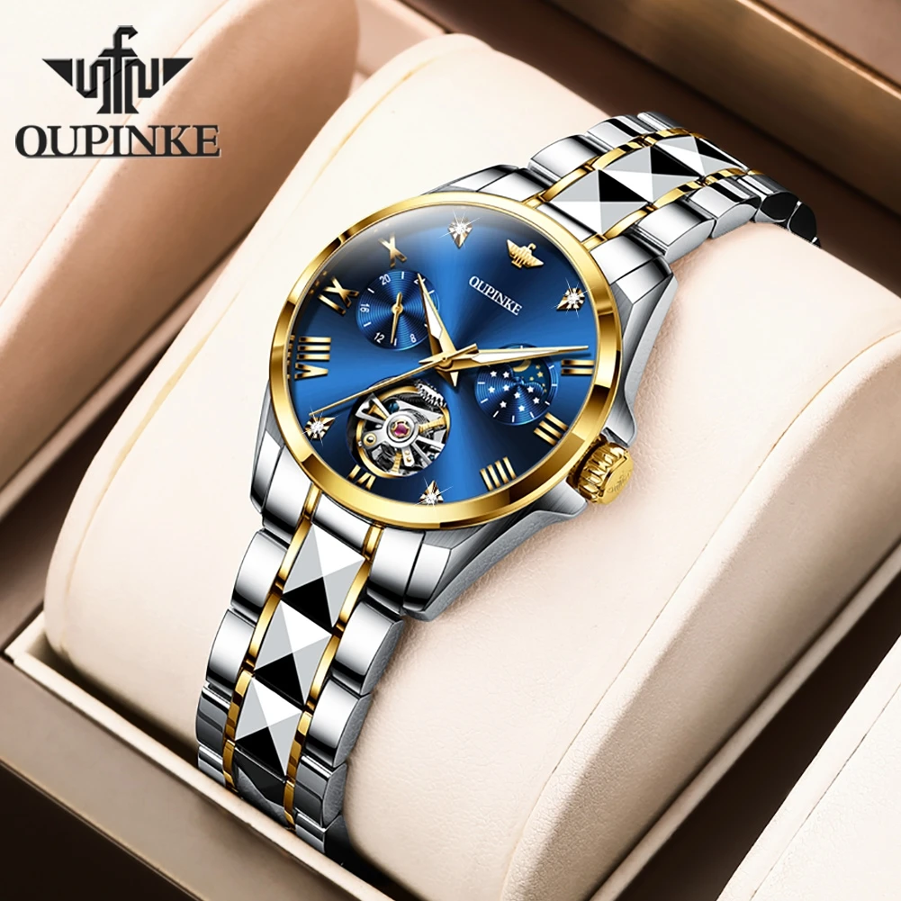 OUPINKE Luxury Brand Women\'s Watches Skeleton Flywheel Stainless steel Waterproof Moon phase Elegant Bracelet Wristwatch Set