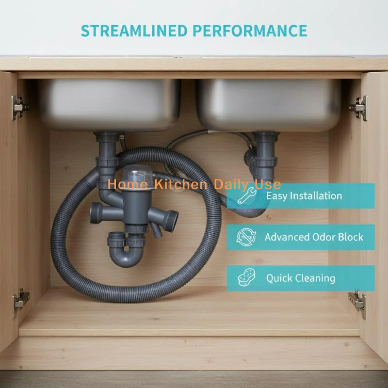 

portableDouble Basin Sink Drainer Pipe Set Universal Fit Water Trap Kit for Twin Bowl Kitchen Efficient Odor Prevention Use