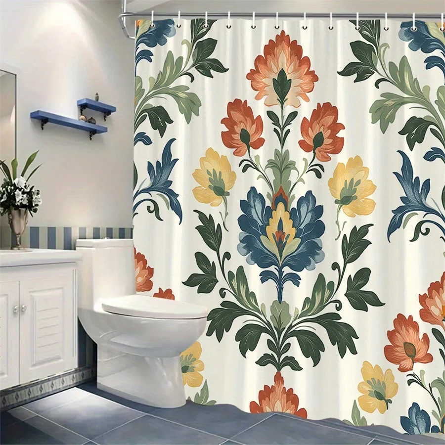 

1 х винтажная занавеска для душа с цветочным принтом — симметричная большая оранжевая, желтая, синие цветы, полиэстер, можно стирать в машине