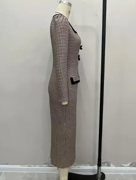

Women's Long Sleeve Sexy Tight Wrap Plaid Elastic Knit Dress Temperament Commuting Female Fashion Elegant Bow Decor Dresses