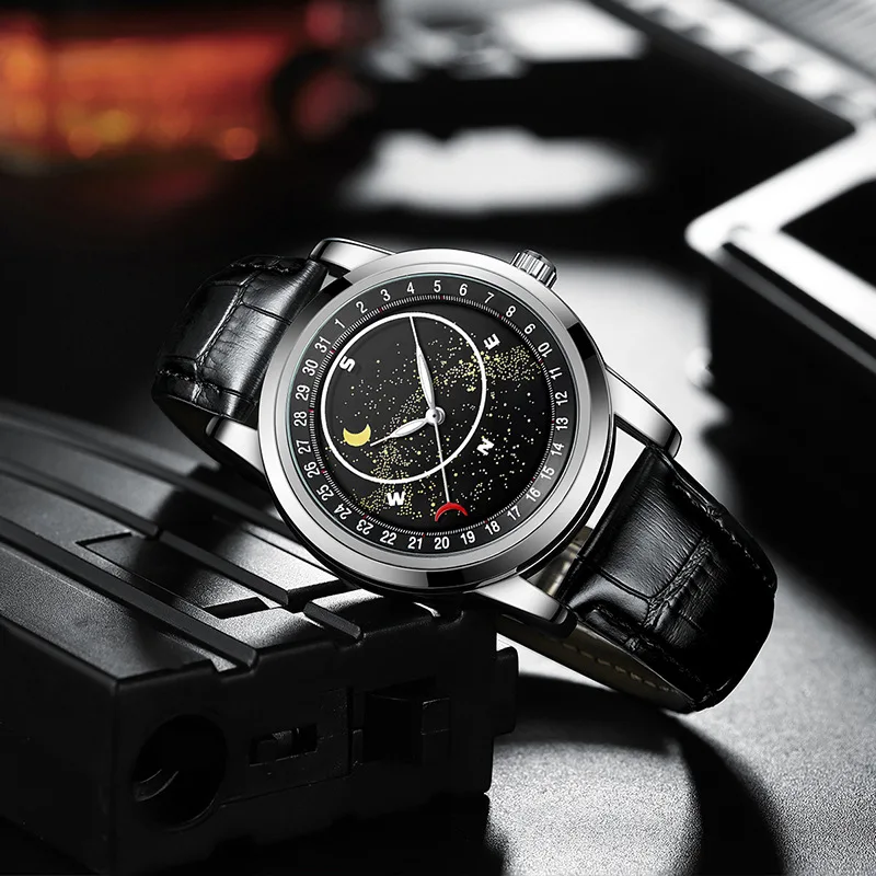 Новые мужские часы, поддельные механические брендовые кварцевые часы, часы со звездным небом, водонепроницаемые мужские часы с прозрачным дном и камнем