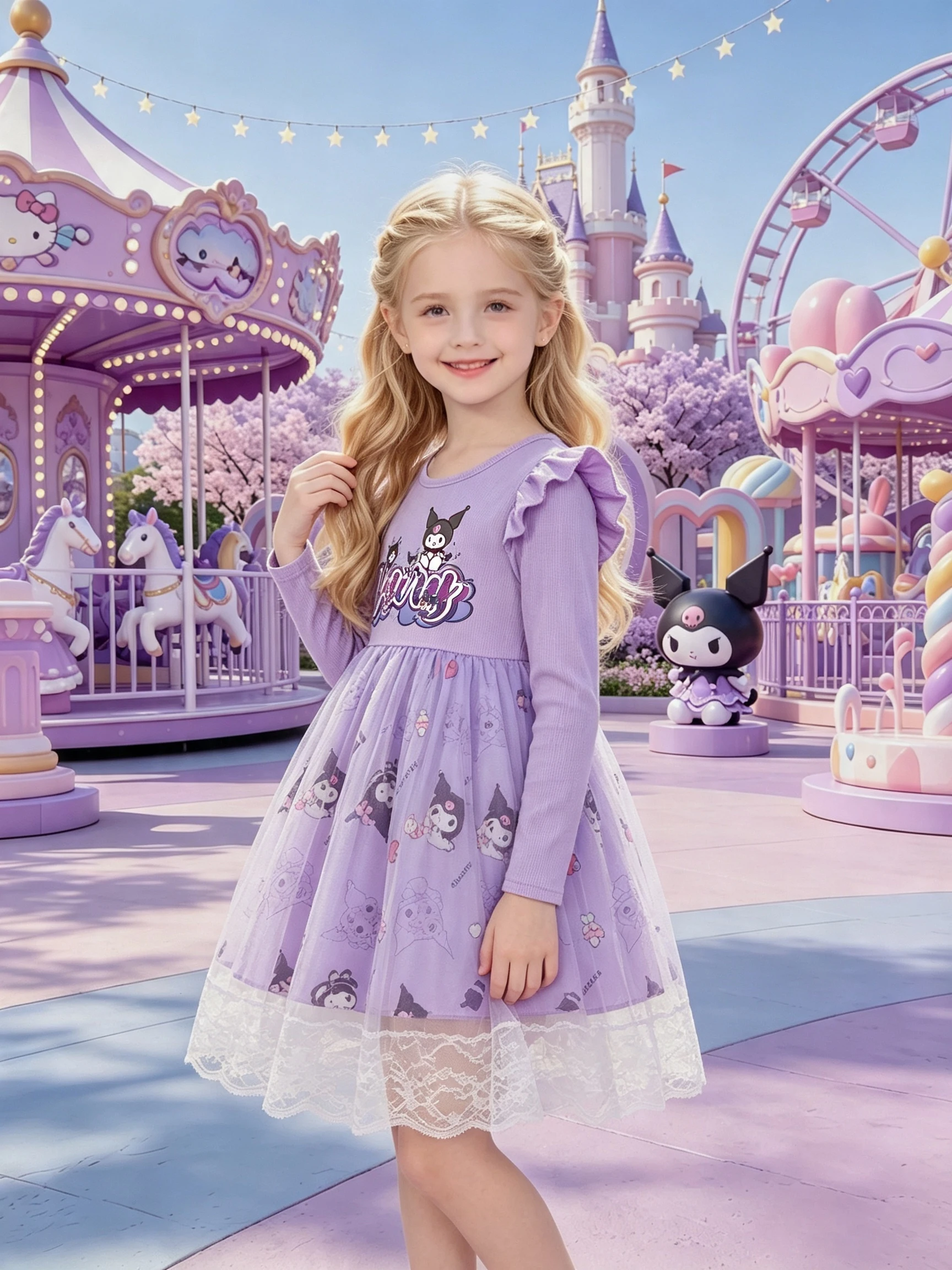 Girls' Kuromi Cartoon Long Sleeve Tulle Princess Dress, Light Purple Flutter Sleeve Lace Ruffle Puffy Skirt, Kids Spring Autumn