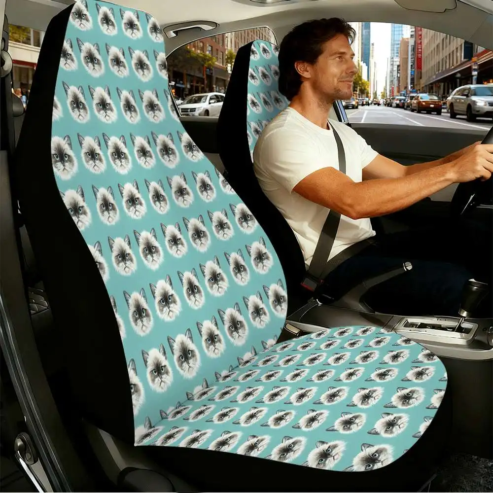 2pcs Cute Ragdoll Cat Face Pattern Car Seat Covers Suitable For Front Seats, High Back Design, Material, Suitable For Cars, SUVs