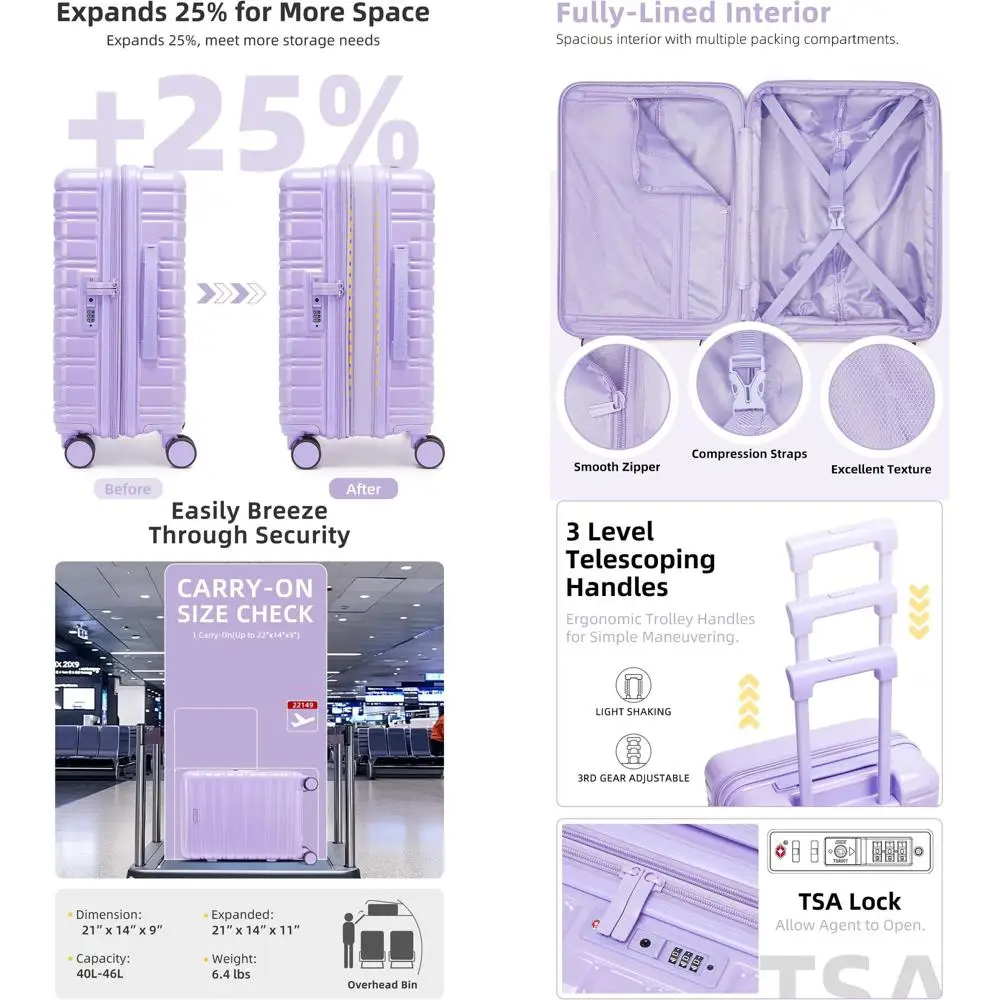 Mala de mão lavanda de 20 polegadas com rodas giratórias, expansível, trava TSA, PC + ABS Hardshell para viagens