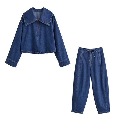 Imagen 1 del producto Camisa vaquera con cremallera y manga larga con cuello informal para mujer, pantalones vaqueros de cintura alta a la moda, novedad de verano