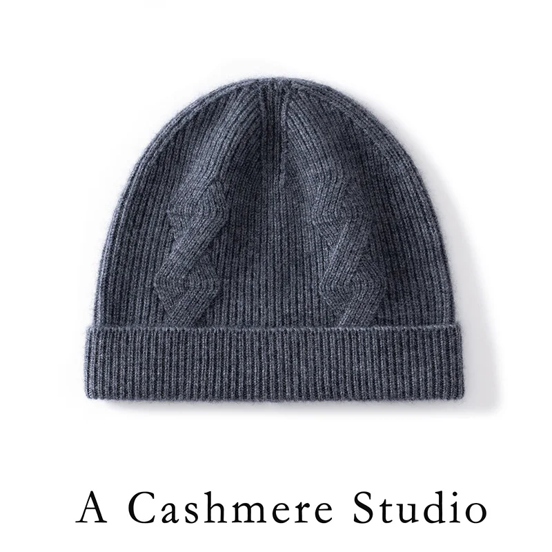 Real Cashmere Unisex Flanging Cap Winter Knitted Warm Thread Casual Cap Solid Color Cashmere Beanie For Men and Women