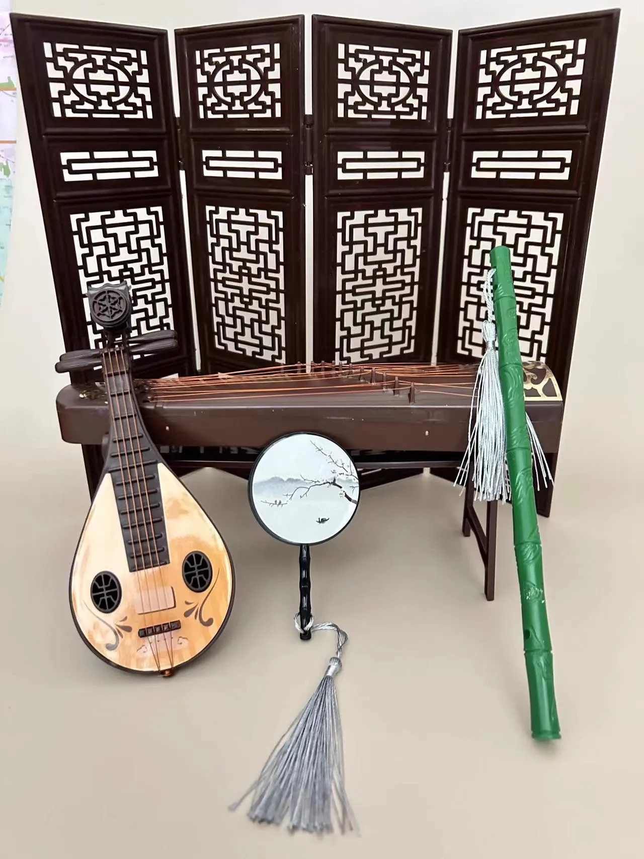 شاشة صينية عتيقة قابلة للطي، دعائم تصوير Guzheng Pipa، ديكور سطح المكتب، خلفية كشك الصور على الطراز الشرقي #1