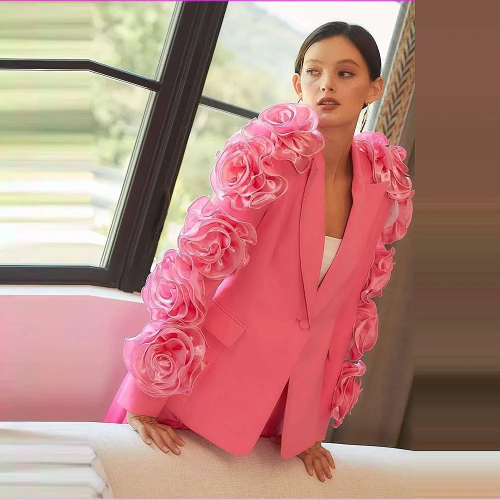 

Pink Formal Women Tops With Handmade Flowers V Neck Long Sleeves Birthday Party Top Girls Coat One Button Slim Jacket