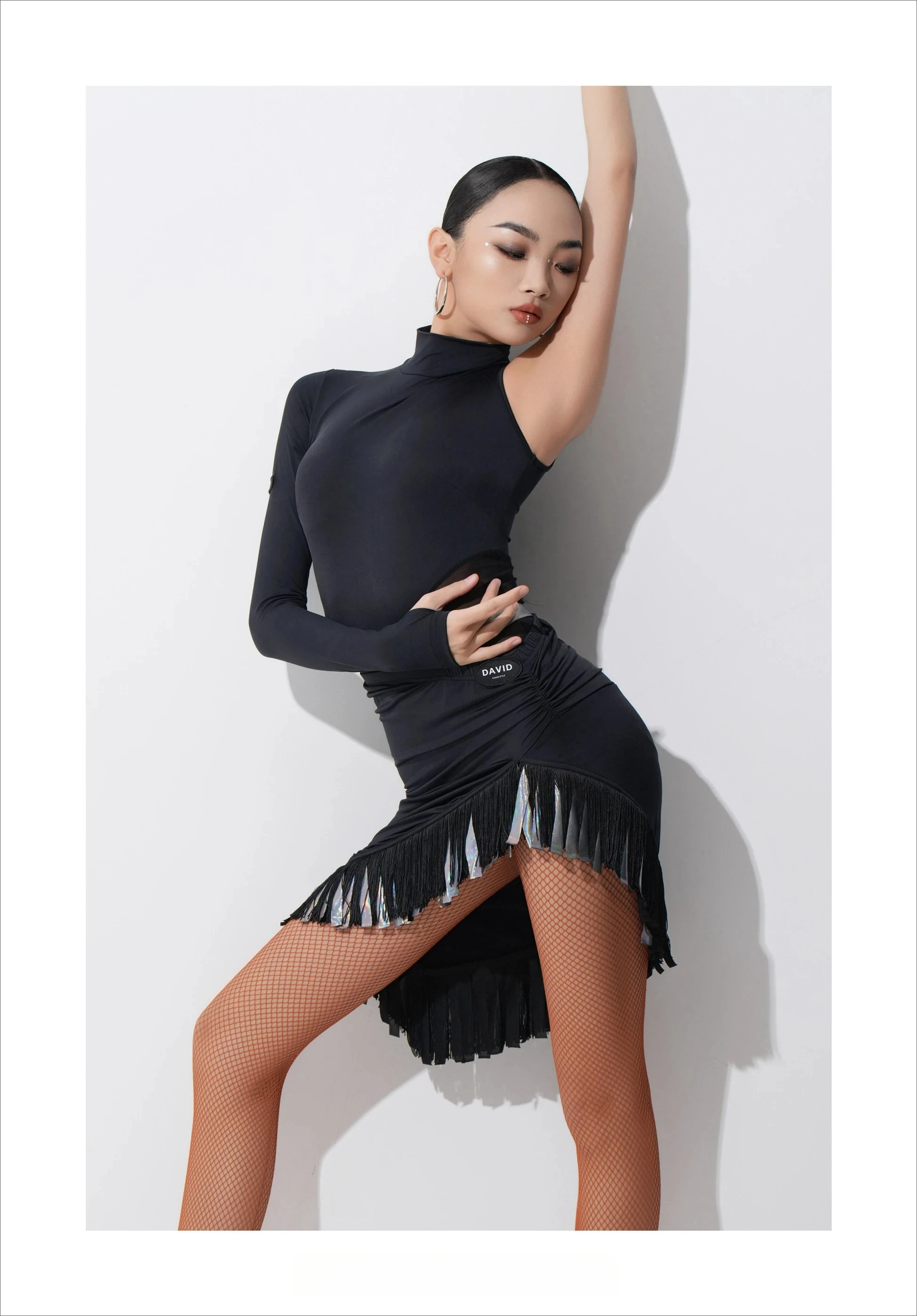 

UK Latin dance costume women metallic silver long sleeve top with asymmetric single sleeve & attached skirt for professional