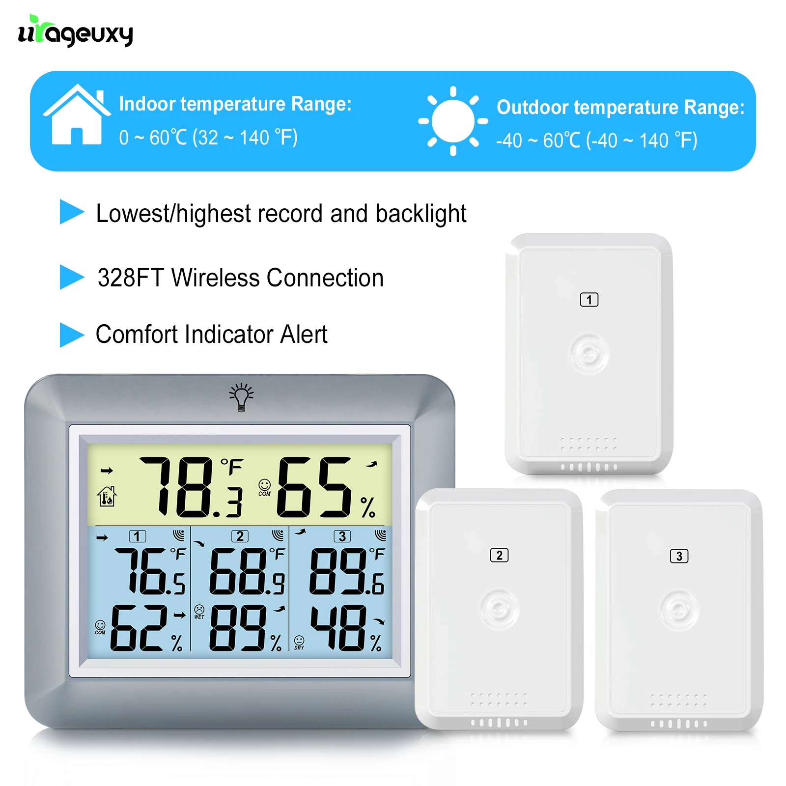 

Беспроводная метеостанция 3-в-1 для использования в помещении и на открытом воздухе - цифровой термометр-гигрометр с 3 дистанционными датчиками для дома/сада/офиса