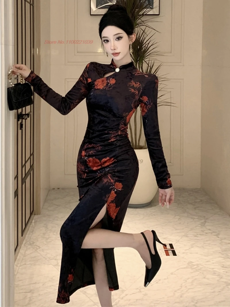 

Китайское сексуальное платье для ночного клуба 2025 года, винтажное бархатное Ципао, традиционное платье Cheongsam с цветочным принтом, ретро банкетное вечернее платье