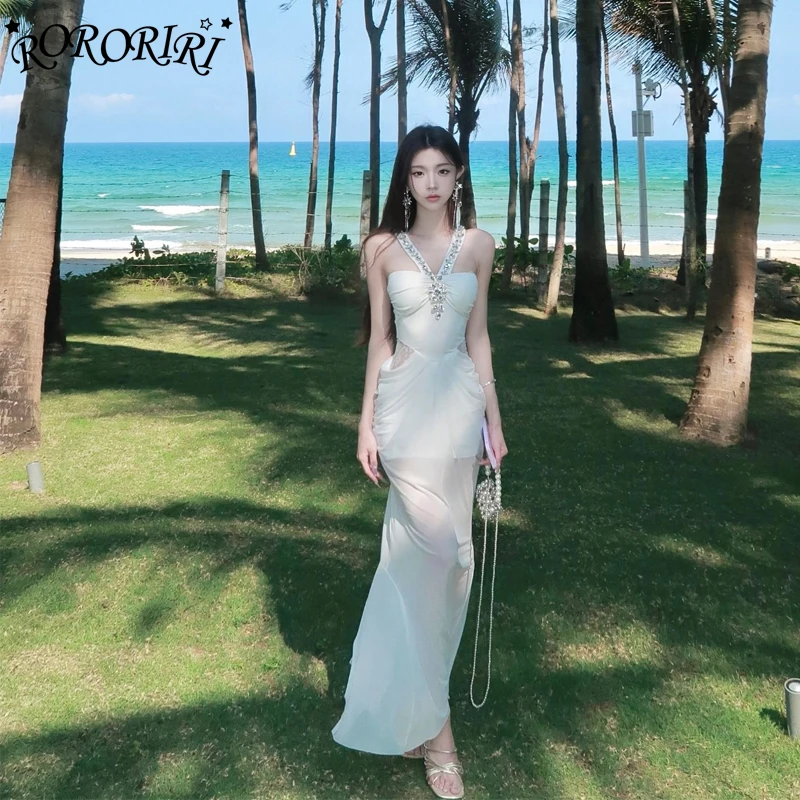 RORORIRI Sheer Mesh Stitch Lace Diamond Tank Dress Women Off-shoulder Pleated Slim Bodycon Mermaid Long Dress Sexy Party Clothes