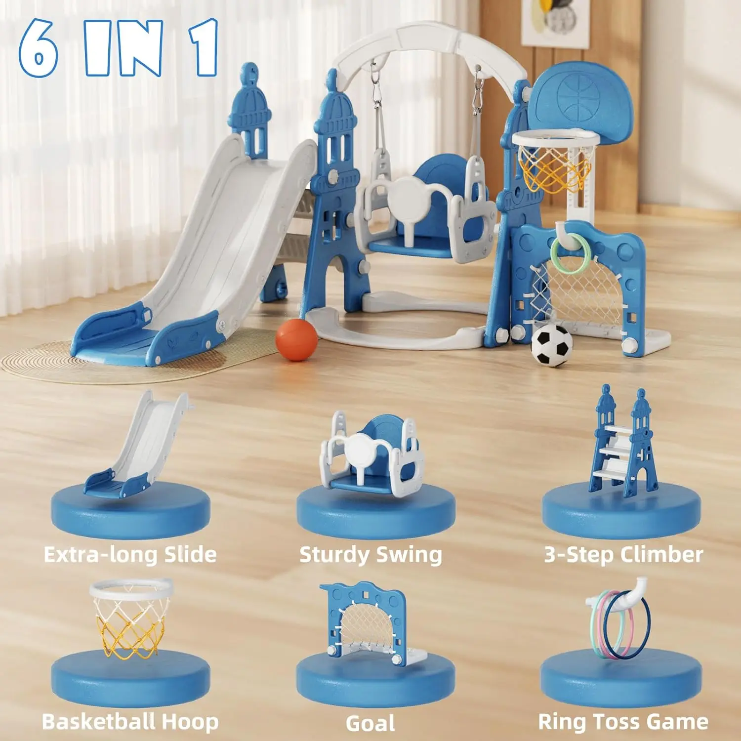 Set di scivolo e altalena per bambini 6 in 1, scivolo per bambini di età superiore ai più piccoli, set da gioco per bambini all'aperto con canestro da basket, struttura da calcio