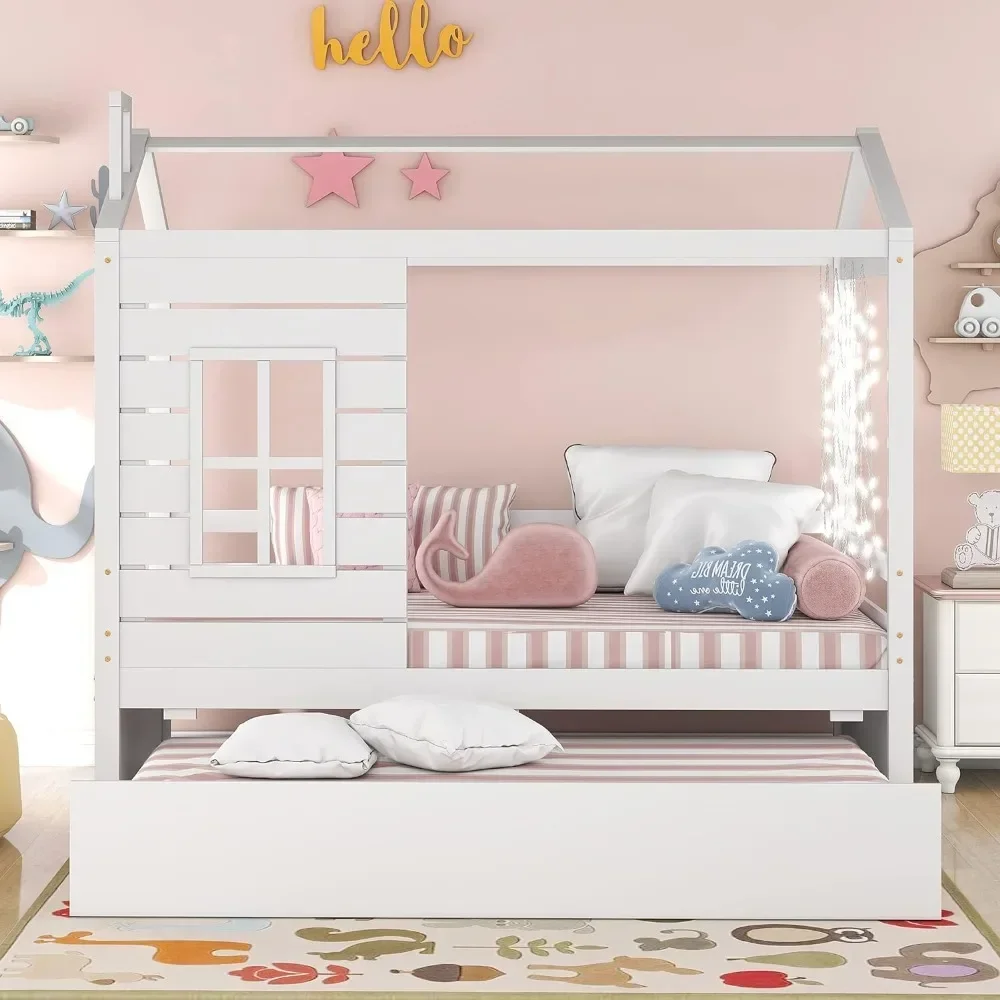 Cama de casa para niños, tamaño doble, cama Montessori para niños pequeños con nido, diseño de ventana y techo, marco de cama para niños, casa de juegos divertida para niños