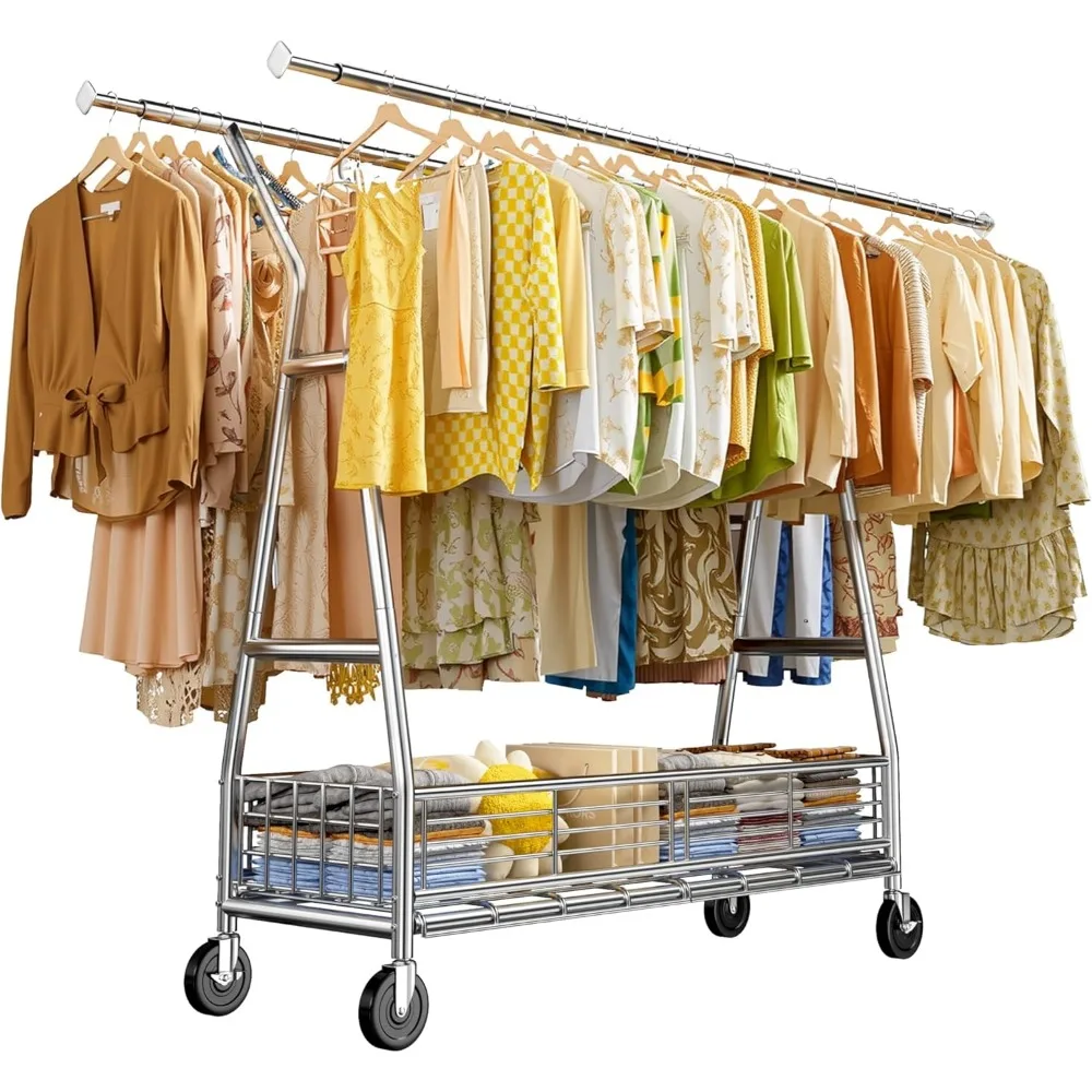 

Heavy Duty Clothes Rack, 630LBS Clothing Rack with Sturdy Wheels and Shelves, Double Rods Clothing Racks for Hanging Clot