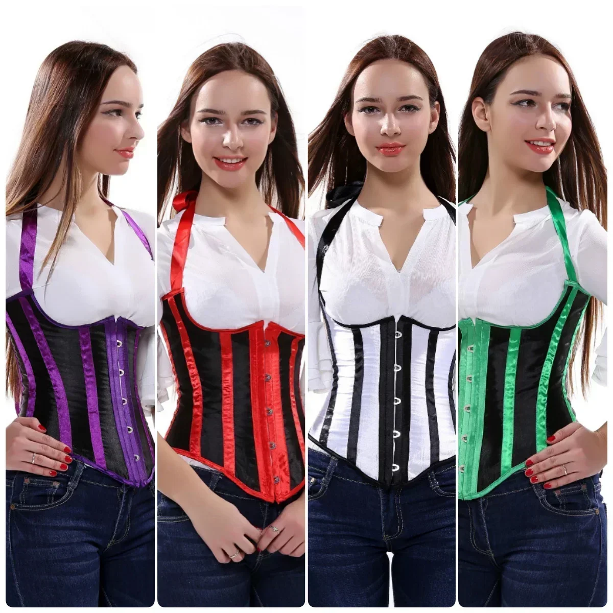 Women Corset Underbust Halterneck Corsets Striped Bustier Lace Up Boned Corsage Vintage Satin Korsett Party Costumes Plus Size