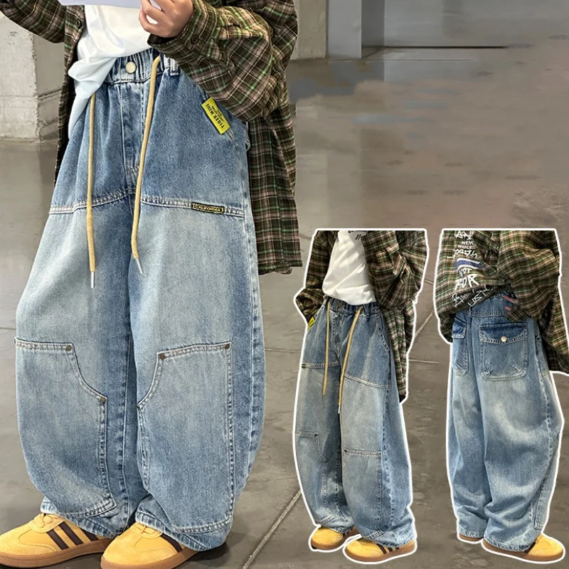 

Girl Jeans Ages 4-14Y Child Cargo Pants Tween Girls Denim Students Spring Autumn Fashion Long Trousers Toddler Loose Blue Jeans