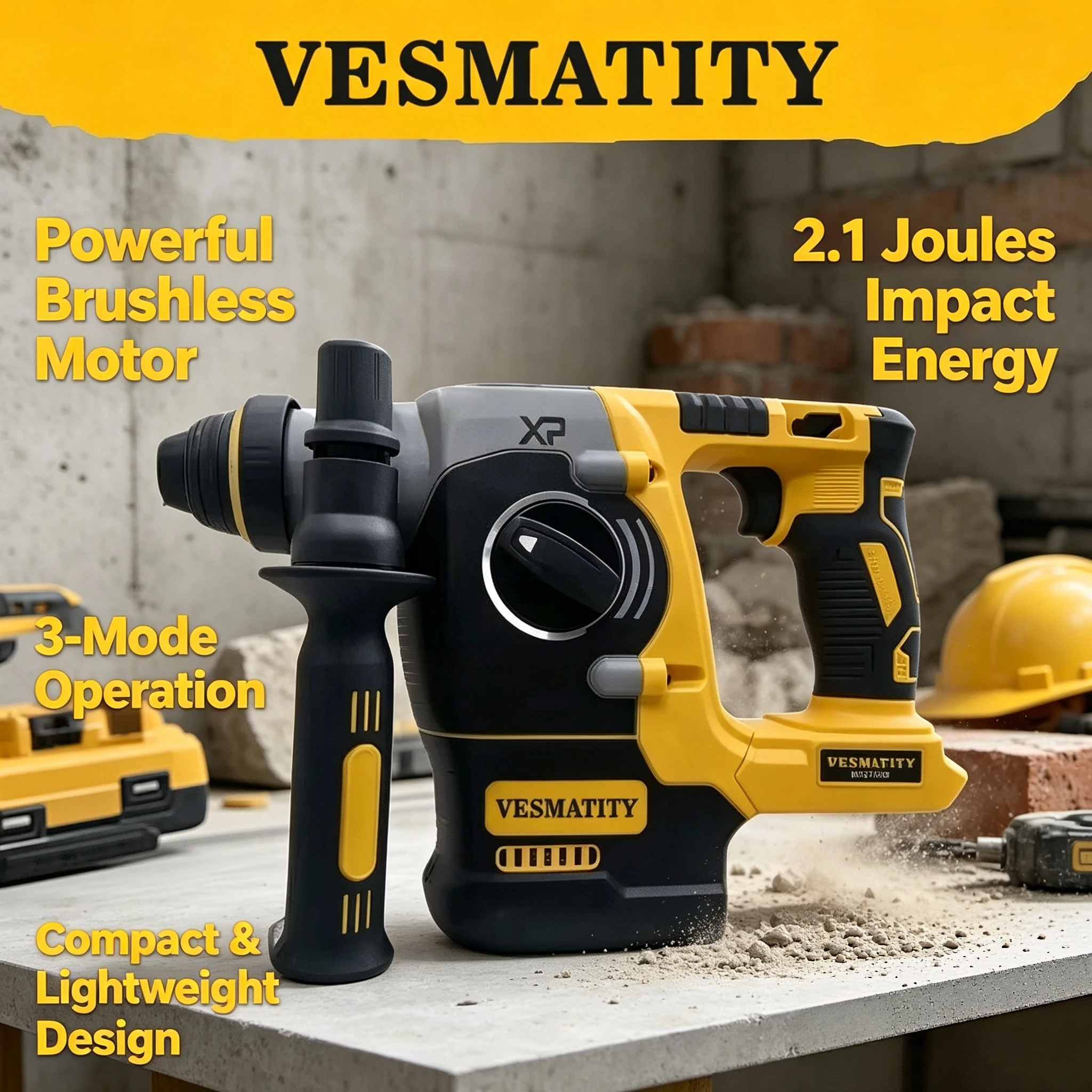 Vesmatity Brushless Rotary Hammer Drill DCH273 SDS-Plus 2.1J Impact Energy 360° Rotatable Handle 18V Battery Max Pro