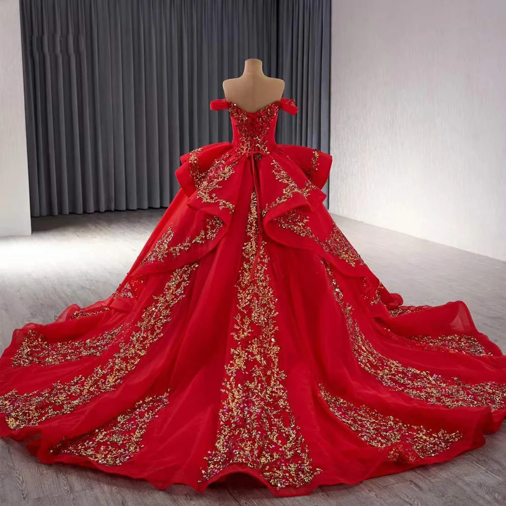 Vestidos Para 15 Quinceanera Off Shoulder Sweetheart Lace Up Back Sequined Red Customized Long Evening Dress