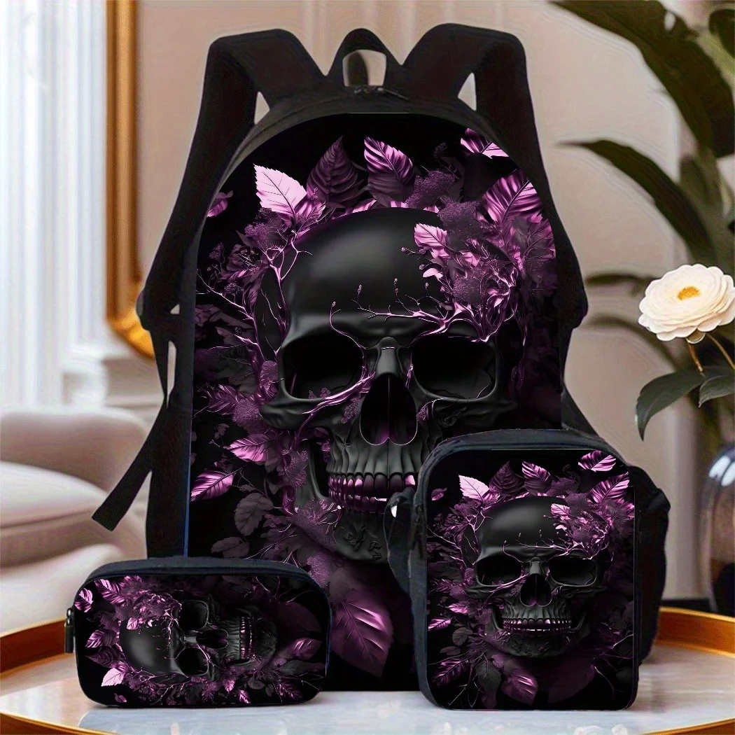 

Set of 3 Spooky Skeleton Design Spacious Oxford Fabric Travel Bag Featuring a Laptop Section, Unisex School Backpack Including a