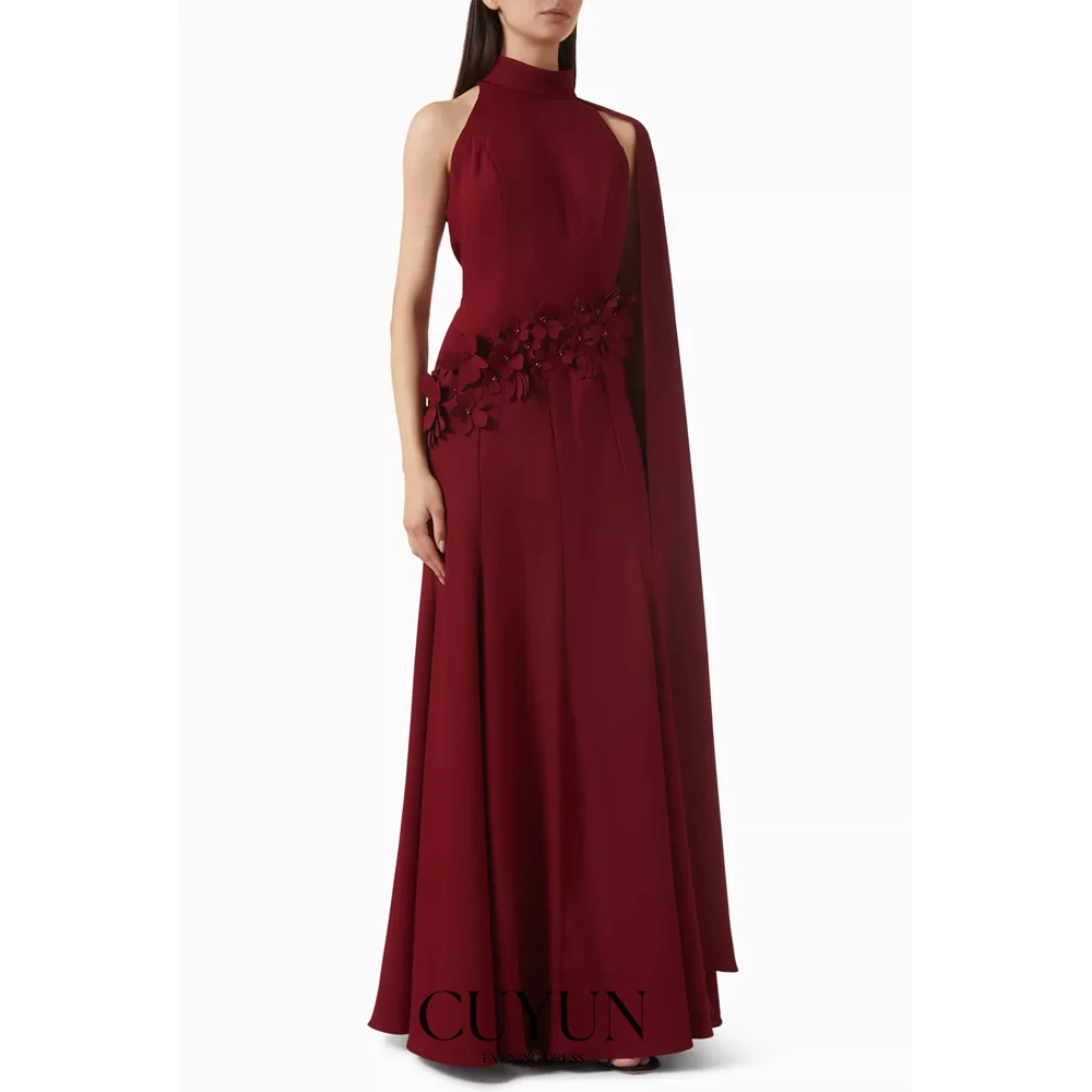 

CUYUN Формальные бордовые вечерние платья с высоким воротником без рукавов, трапециевидные платья для выпускного вечера с цветами ручной работы, вечернее платье по индивидуальному заказу
