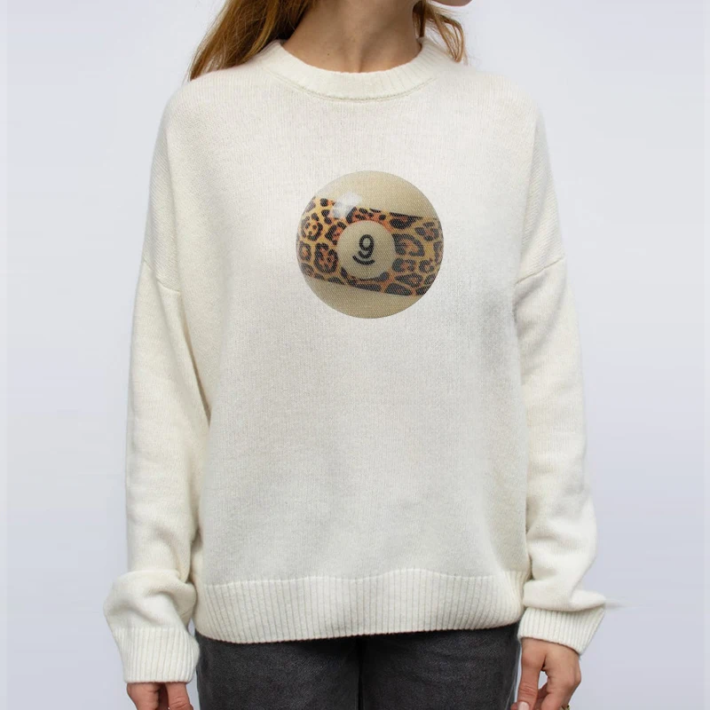 Herbst Winter Ästhetik Vintage Kawaii Gestrickte Pullover Frauen Gothic Harajuku 8-Ball Print Pullover Paar Lose Beiläufige Pullover