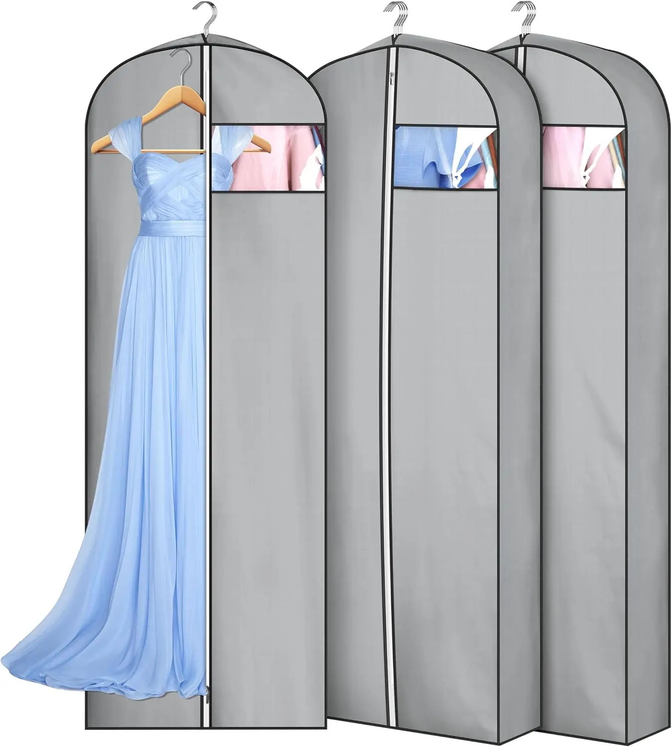 

65" Waterproof Garment Bags for Long Dresses, 3-Pack with Clear Window & Zipper, Ideal for Closet Storage and Travel
