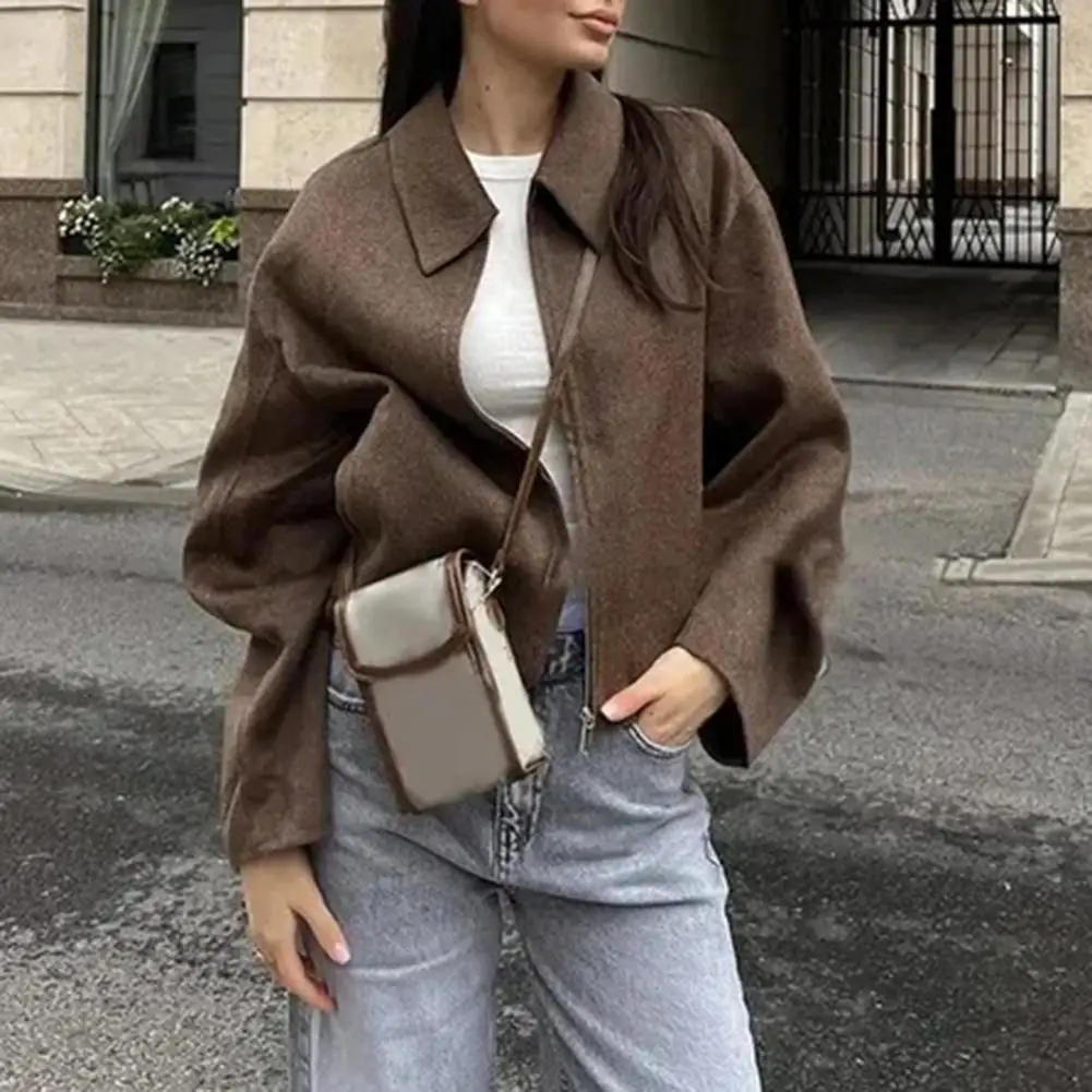 

Autumn Coat Women Women Coat Women’s Wool Zip-up Jacket with Pockets Long Sleeve Lapel Pea Coat Fall Spring for Everyday