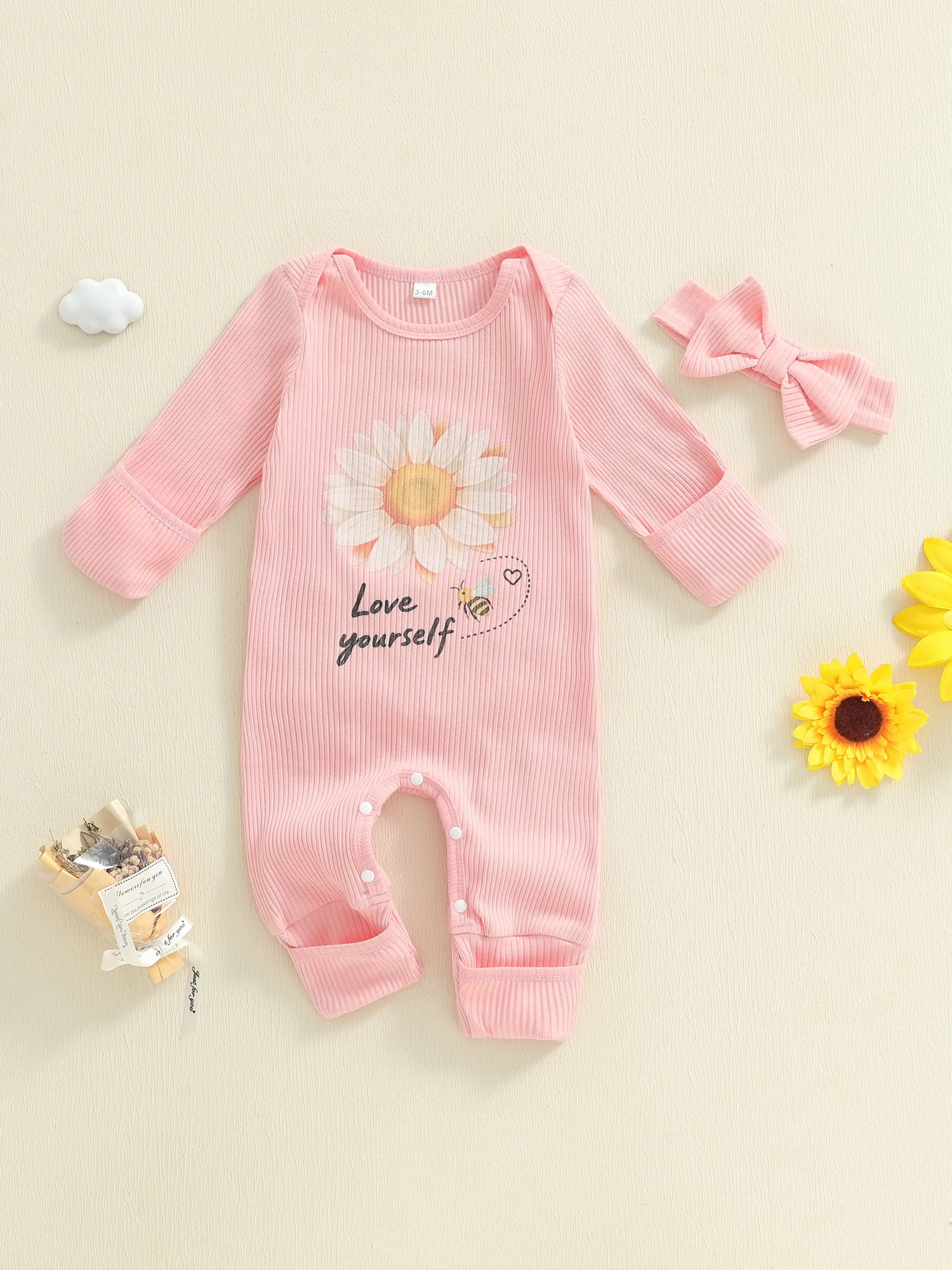 

Toddler Girls Winter Floral Print Long Sleeve Round Neck Bodysuit with Matching Headband Set for Cold Weather