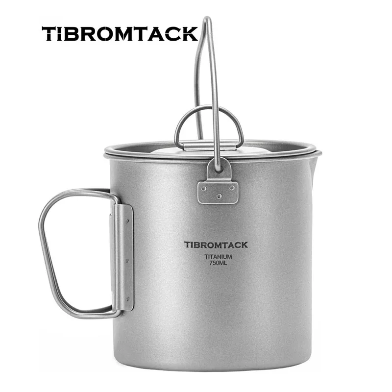 Titanium Camping Mug with Lid and Foldable Handle, Ultralight Portable Pot for Travel, Hiking, Picnic with Mesh Bag, 750ml