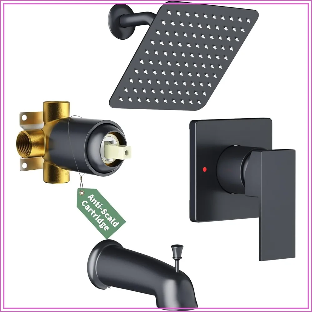 

8-Inch Rain Shower Faucet Set with Pressure Balance Valve, Single-Handle Trim Kit, Tub Spout, Matte Black