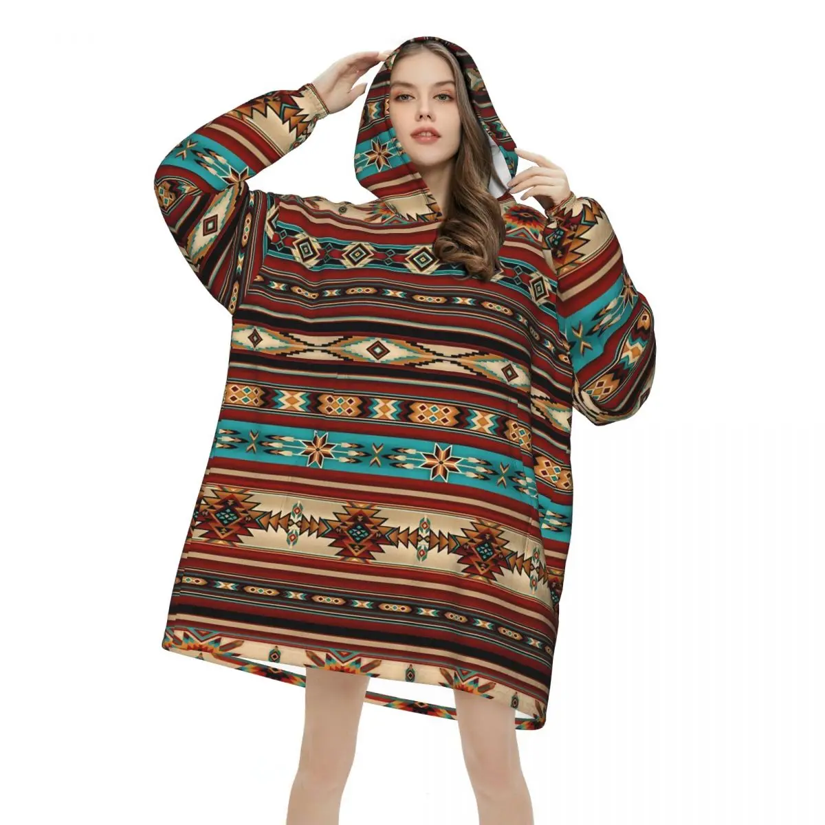 Southwestern Aztec Tribal Blanket Hoodie Wearable Blanket Large with Pocket Warm Sleeping Bag Soft Cozy Onesie