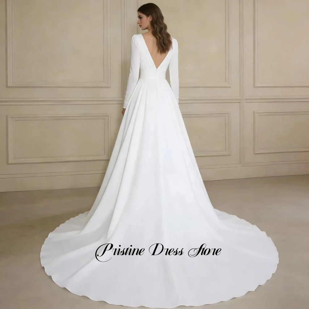 Modest A-Line Pleats V-Neck Wedding Dress with Long Sleeves High Quality Jersey Chapel Train Zipper Back Bridal Gowns Customized