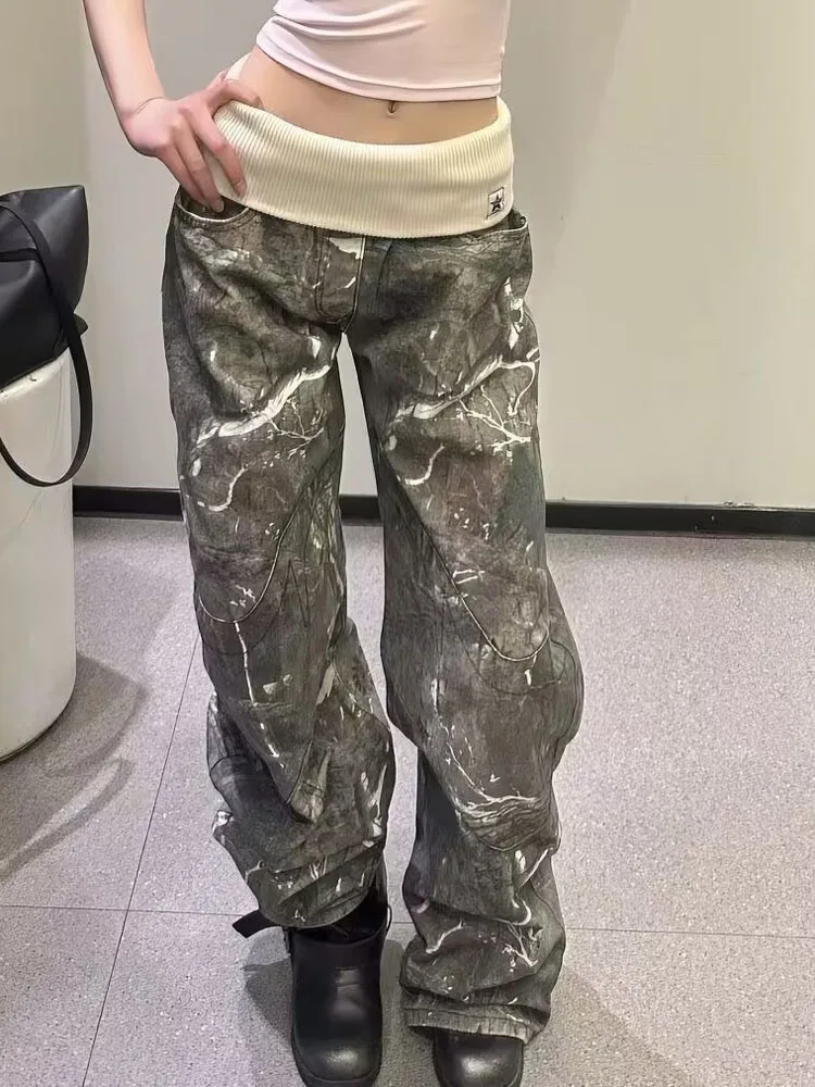High Quality American Retro Camouflage Straight Leg Women's Jeans High Waist Loose Drapey Wide Leg Pants 2026 Summer New Street