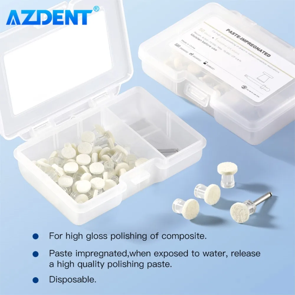 AZDENT 50pcs/Box Dental Composite Polishing Disk Paste Impregnated Felt Wheels 50 Disks 1pc CA Mandrel Disposable Polisher