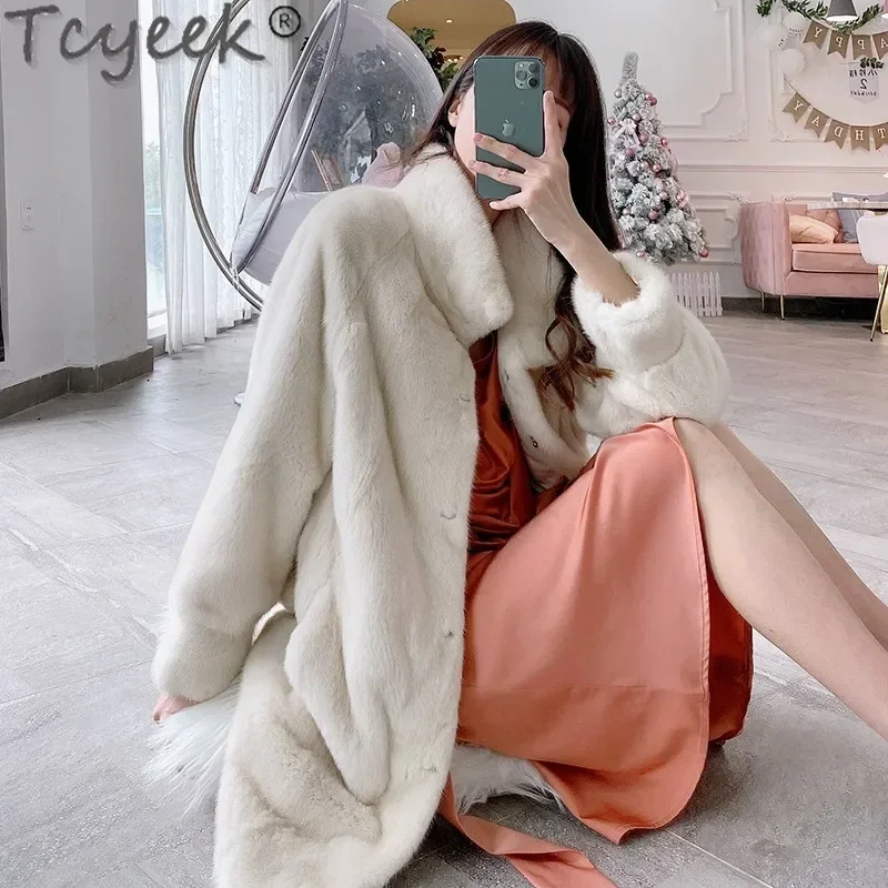 Tcyeek Luxury Natural Mink Fur Jacket Mid-length Coats for Women Whole Mink Real Fur Coat Female Winter Women's Fur Jackets New