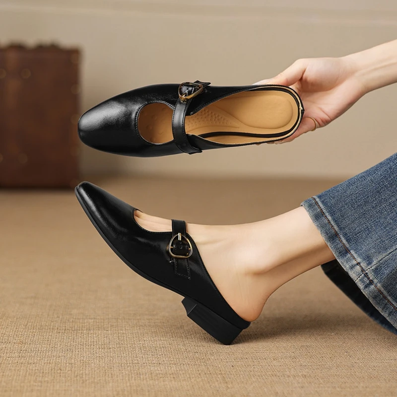 NEW Spring/Summer Women Mules Genuine Leather Shoes for Women Cover Toe Slingback Shoes Slip-on Handmade Shoes Outside Slippers