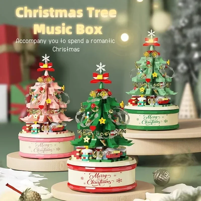 P Christmas Gift Children Christmas Tree Santa Claus Mini Music Box Model Micro Bricks Building Block Bricks Toys for Adult Gift