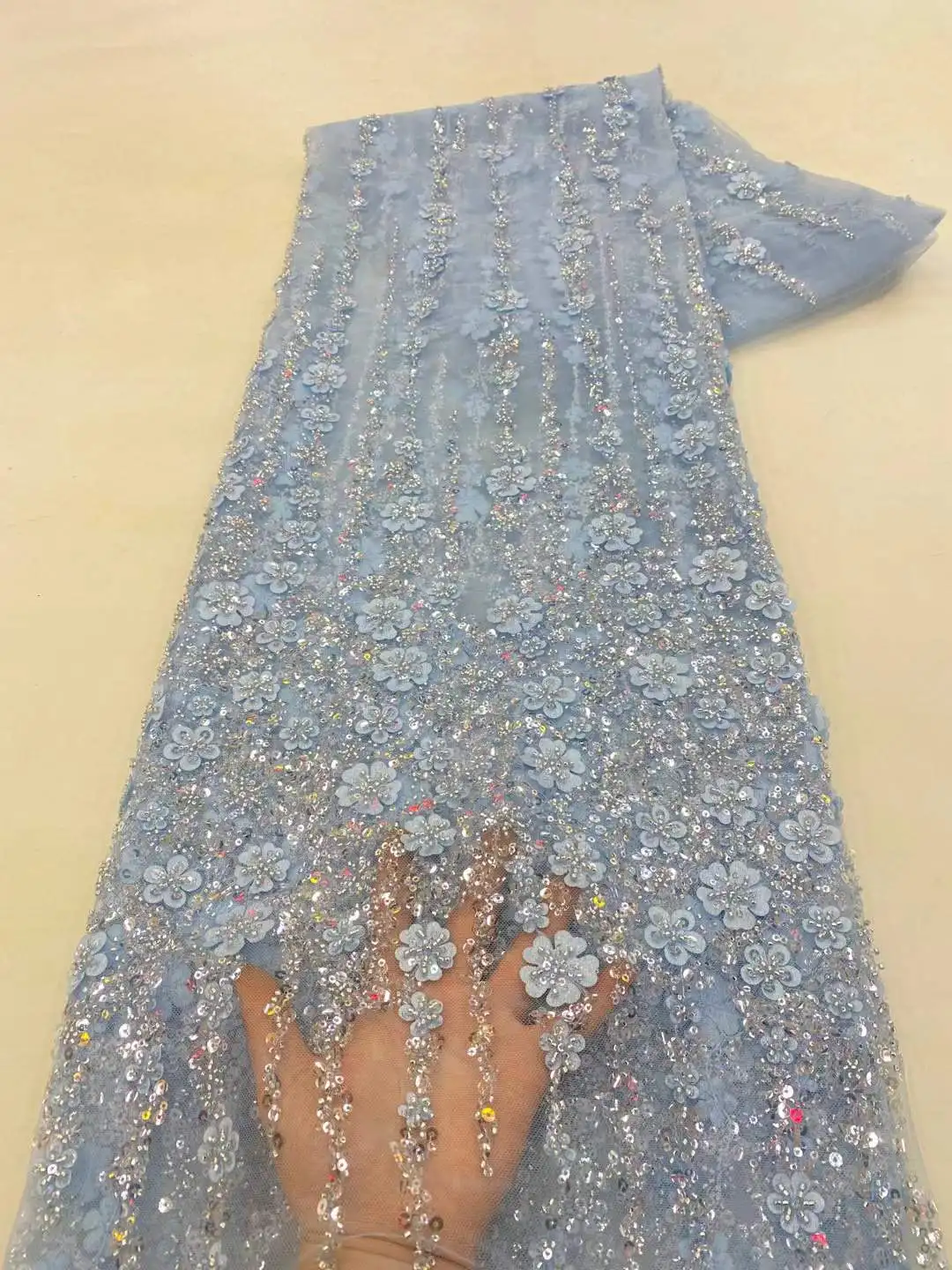 高級フランス製メッシュビーズレース生地-2026年高品質アフリカスパンコール新郎用レース生地-ナイジェリアのウェディングドレス縫製用