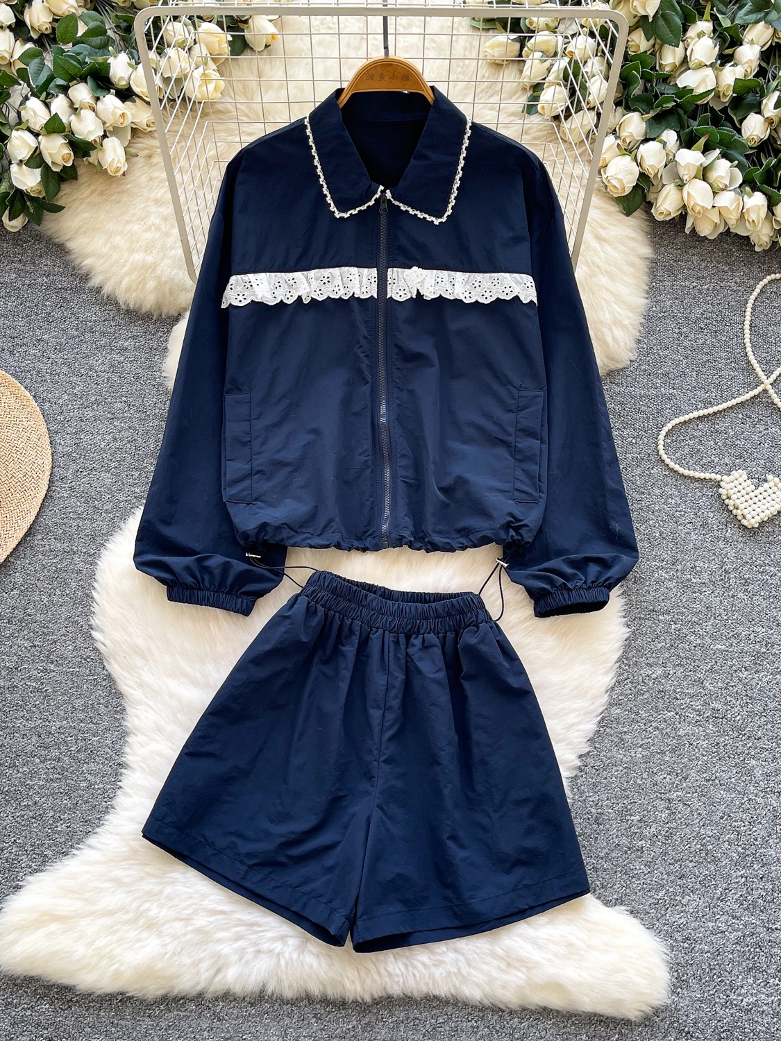 

Корейский повседневный комплект с кружевным воротником и милым воротником, женский осенний комплект из двух предметов, модный универсальный повседневный наряд