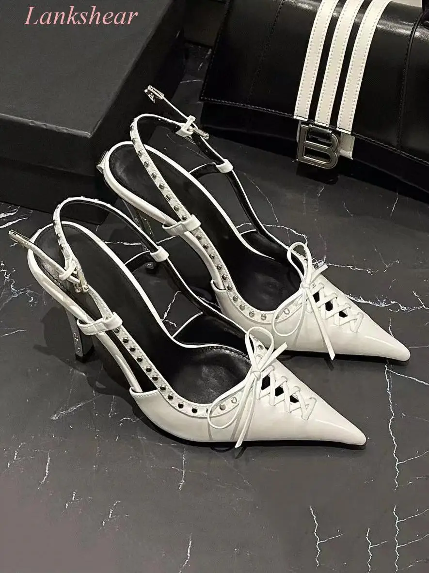 

White Color Women Heels Fashion Rivets Elegant Women Heels Sexy Pointy Toe Slingback Stiletto Heel Sandals Pumps for Ladies