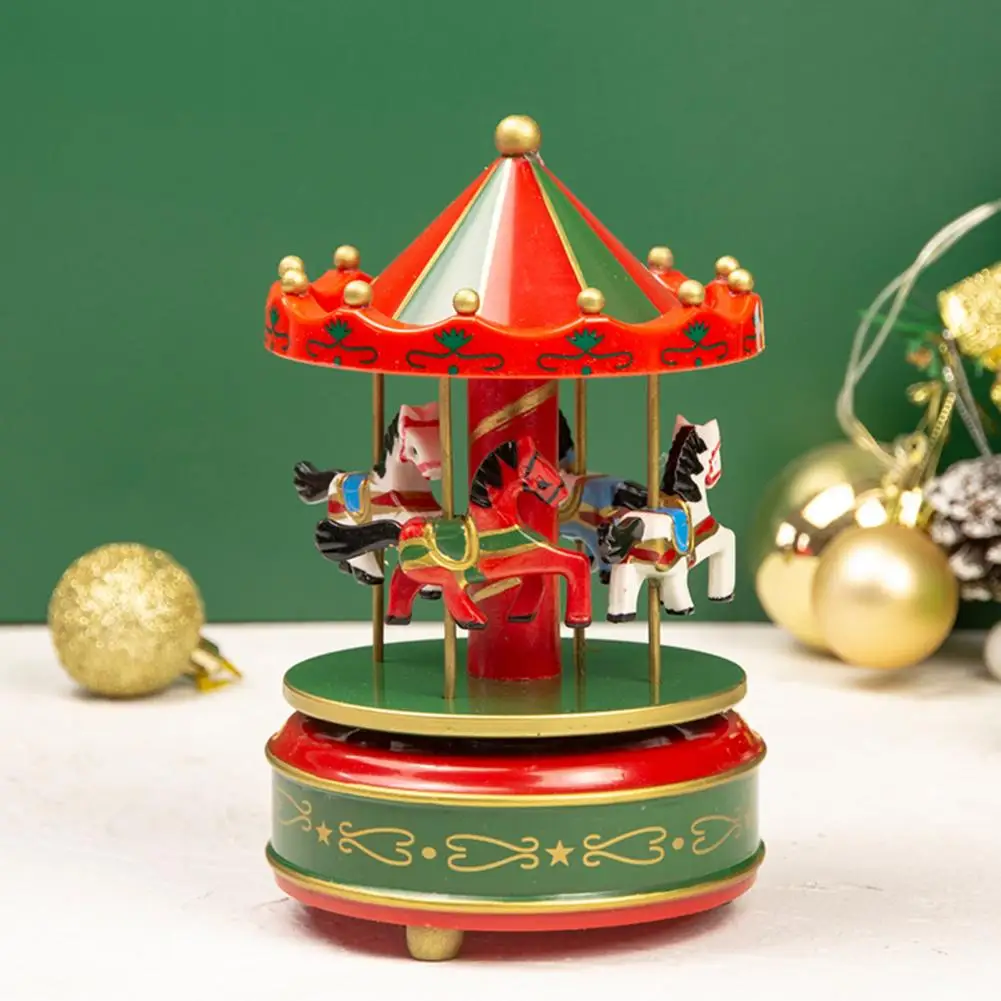Wooden Carousel Music Box with Rotating Merry-Go-Round Horses, Wind-Up Musical Figurine Home Decor, Birthday Christmas Gift